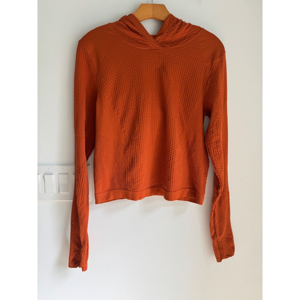 Athleta Women Medium Rust Orange Textured Seamless Long Sleeve Hoodie Thumbholes